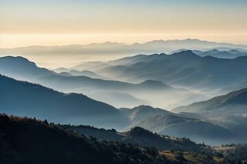 Morning haze over mountains, panoramic view. Generative AI