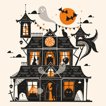 Halloween house vector background or flyer. Dark castle for october horror party. Bat and vampire, tentacle and witch cartoon template. Night cartoon building for trick or treat invitation. Scary card