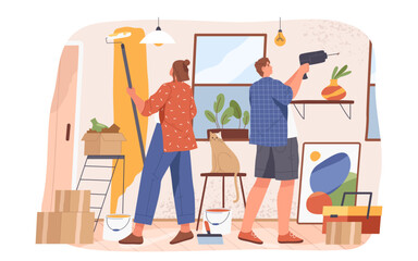 Family home repair or couple house renovation. Vector flat illustration of apartment improvement or room paint. Indoor view on living improvement. Woman paint with roller and man with drill. People