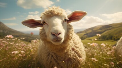 Fototapeta premium Amidst a backdrop of rustic simplicity, a sheep seizes the spotlight; its tongue lolling out in an impudent display that shatters all ovine stereotypes.