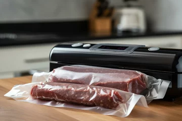 Fotobehang Vacuum packing sealer with meat in bag on table. Generative AI © Olivia