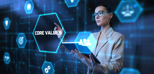 Core values corporate principles. Business Woman pressing button on virtual screen.