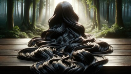 Stunning portrayal of Rapunzel's luxurious cascading dark hair, pooling onto a wooden surface, set against a luminous enchanted forest backdrop with sunbeams filtering through tall trees.
