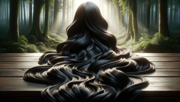Stunning portrayal of Rapunzel's luxurious cascading dark hair, pooling onto a wooden surface, set against a luminous enchanted forest backdrop with sunbeams filtering through tall trees.