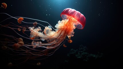 Jellyfish in the sea underwater, dark ocean - obrazy, fototapety, plakaty