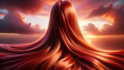 Glistening strands of hair ripple and flow in harmony with the radiant hues of a breathtaking sunset. The lustrous locks mirror the warm colors of the sky, creating a symphony of natural beauty.