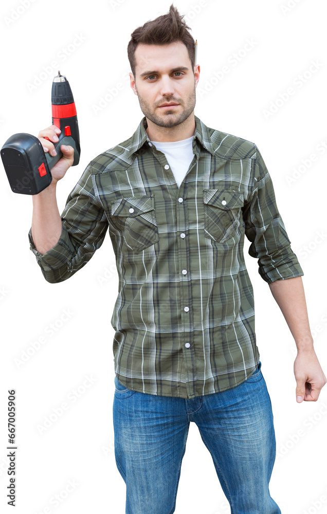 Sticker Digital png photo of focused caucasian man holding drill on transparent background