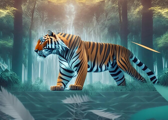 Saber-toothed tiger rendered in a geometric style set against a surreal forest background. Generative AI