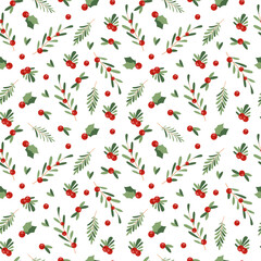 Vector New Year pattern. New Year berries, sharrow, red berries, green leaves, white background . Vector illustration