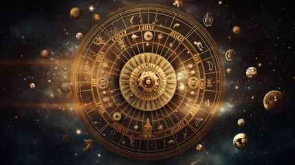 Tuinposter Space backdrop with a zodiac wheel © khan