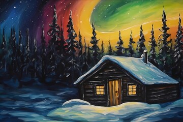 Fototapeta premium cabin in the winter forest, landscape, winter desktop background