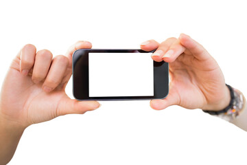 Digital png photo of hands of caucasian woman with smartphone on transparent background