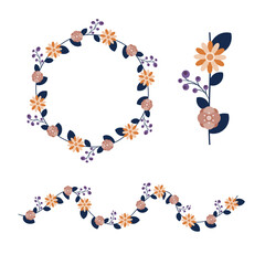 Round frame contour wreath with herbs and flowers isolated on white. Round frame Seamless pattern brush for your posters, designs, greeting cards, and wedding announcements