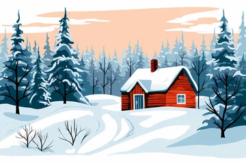 Fotobehang cabin in the winter forest, landscape, winter desktop background © Nikita44