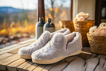 Fototapeta na wymiar Close-up of comfy slip-ons and woolen socks in a cozy setting 