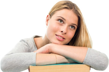 Digital png photo of caucasian woman with book on transparent background