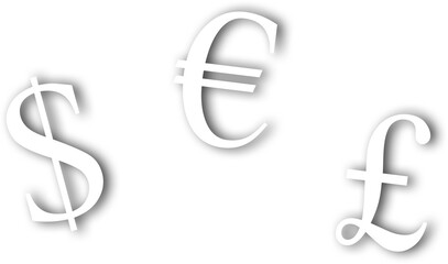 Digital png illustration of white dollar, euro and pound symbols on transparent background