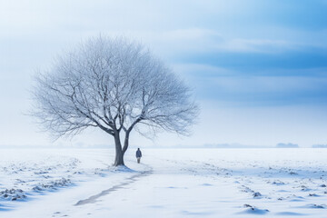 Fototapeta na wymiar Solitary figure walking in snowy winter landscape background with empty space for text 