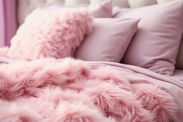 Soft plush pajamas and fluffy pillows on bed background with empty space for text 