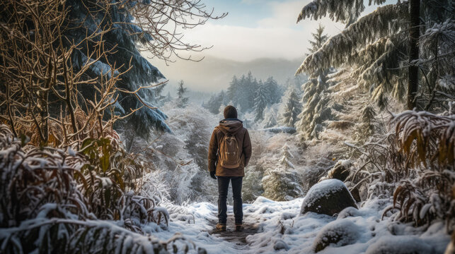 Solo wanderer embracing solitude in a serene snow-covered forest landscape 