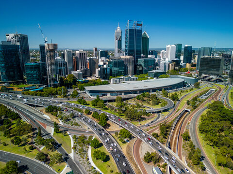 Aerial view of Perth city and highway traffic in Australia