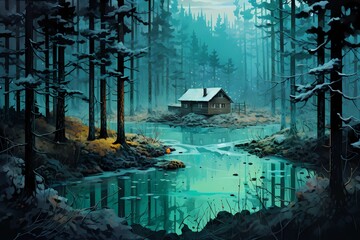 cabin in the winter forest, landscape, winter desktop background