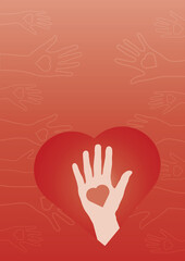 Digital png illustration of hand and heart on red background on transparent background