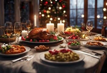 christmas dinner with holiday table settings and decorations at night, lit by candles