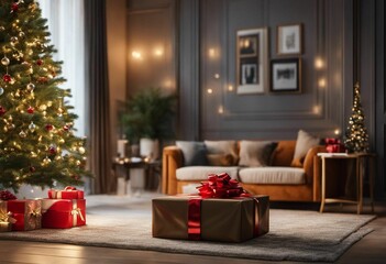 there is christmas trees, presents and lights inside of the house