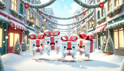 Cartoon Christmas gift boxes jumping and smiling against the backdrop of a decorated street