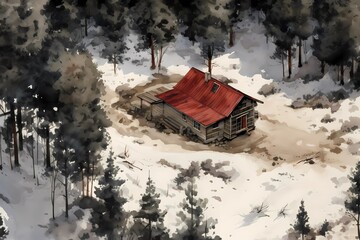cabin in the winter forest, landscape, winter desktop background