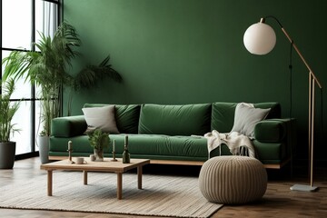 Sofa in green Scandinavian living room. Generative AI