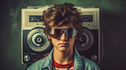Retro Style Portrait of Young Person with Vintage Record Player