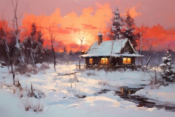 cabin in the winter forest, landscape, winter desktop background
