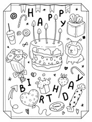 Contour large set, doodle with festive accessories for birthday with cake, candles and gifts. Vector.