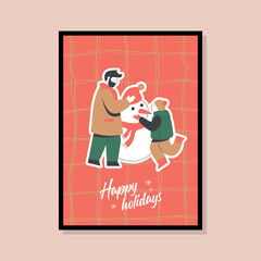 Christmas vector poster design in a frame template. Winter illustration for greeting card, wallpaper, banner.