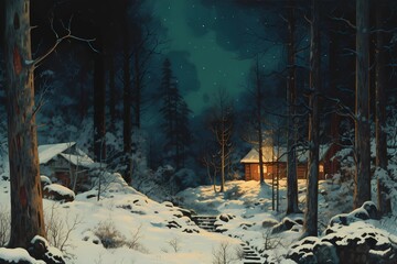 cabin in the winter forest, landscape, winter desktop background