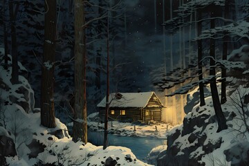 cabin in the winter forest, landscape, winter desktop background