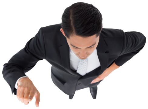 Digital png photo of biracial businessman touching virtual screen on transparent background - Powered by Adobe