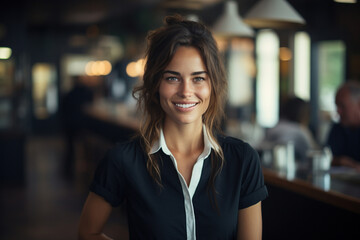 Positive waitress in cafe, smiling pretty young woman staff standing in cafeteria and looking at camera