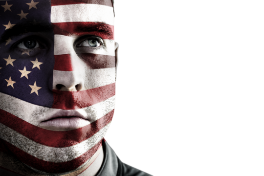 Digital png photo of caucasian man with face painted with flag of usa on transparent background - Powered by Adobe