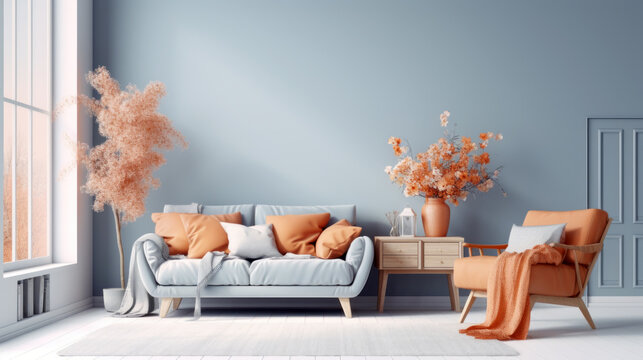 Living room in blue and orange tones. Autumn decor.	