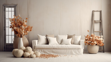 Cozy chair with pillows and blanket in a modern home. autumn decor from dry leaves.