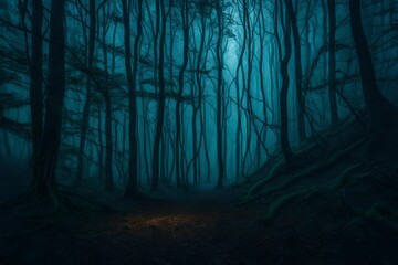 An eerie forest at twilight, twisted trees and mist, glowing eyes in the underbrush - obrazy, fototapety, plakaty