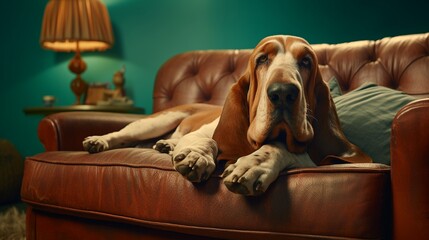An elderly Basset Hound, dignified despite droopy eyes and ears, reclines in front of a soothing teal background.
