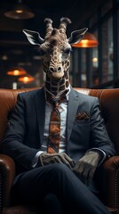 An elegant giraffe in a sophisticated business suit, participating in a high-stakes corporate meeting, with an air of professionalism despite its unique appearance