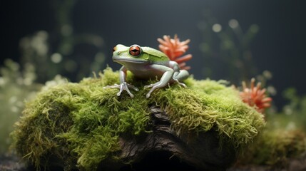An Indonesian tree frog, appearing to chuckle, situated flawlessly on a patch of moss, with the entire tableau contrasted by a solid, muted gray background.