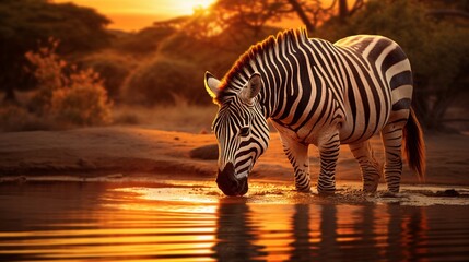 As the golden rays of the late afternoon sun dapple the surface of a water hole, a zebra quenches its thirst