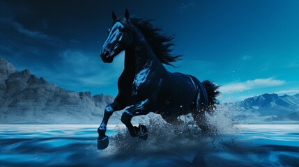 A black Mustang, sinewy muscles taut, poised to charge into gallop, finds itself juxtaposed against a cool cerulean environment.