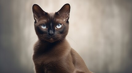 A Burmese cat, its glossy, sable coat reflecting an ethereal light; offset by a muted taupe...